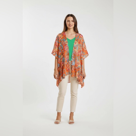 TANGERINE TROPIC BLOOM RUFFLE SLEEVE KIMONO - Picture 7 of 9